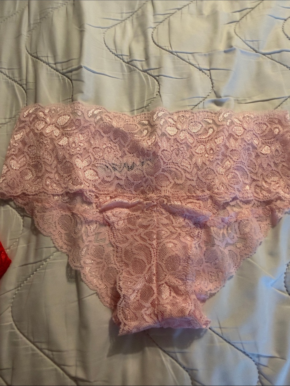 Quince Lace Cheeky 3 Panty Set — Red, Black & Pink. Large. Nylon/ spandex. - Picture 8 of 9